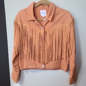 Le Lis Faux Leather Fringe Jacket in Peachy Orange. Size Medium